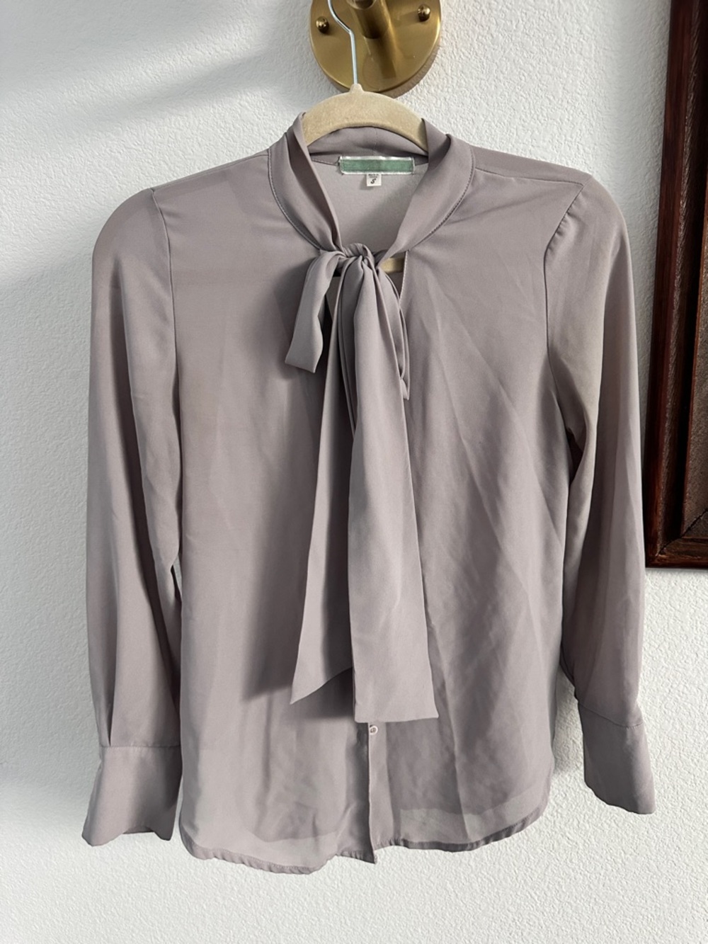 Women’s Gray Tie-Neck Long Sleeve Blouse – Size Small Elegant Office Career Top